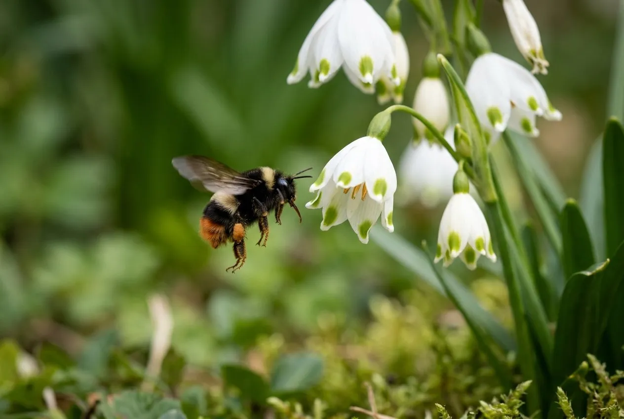 An early bumblebee approaching a nodding white green-tipped bell of summer snowflake in spring, wings blurred with motion