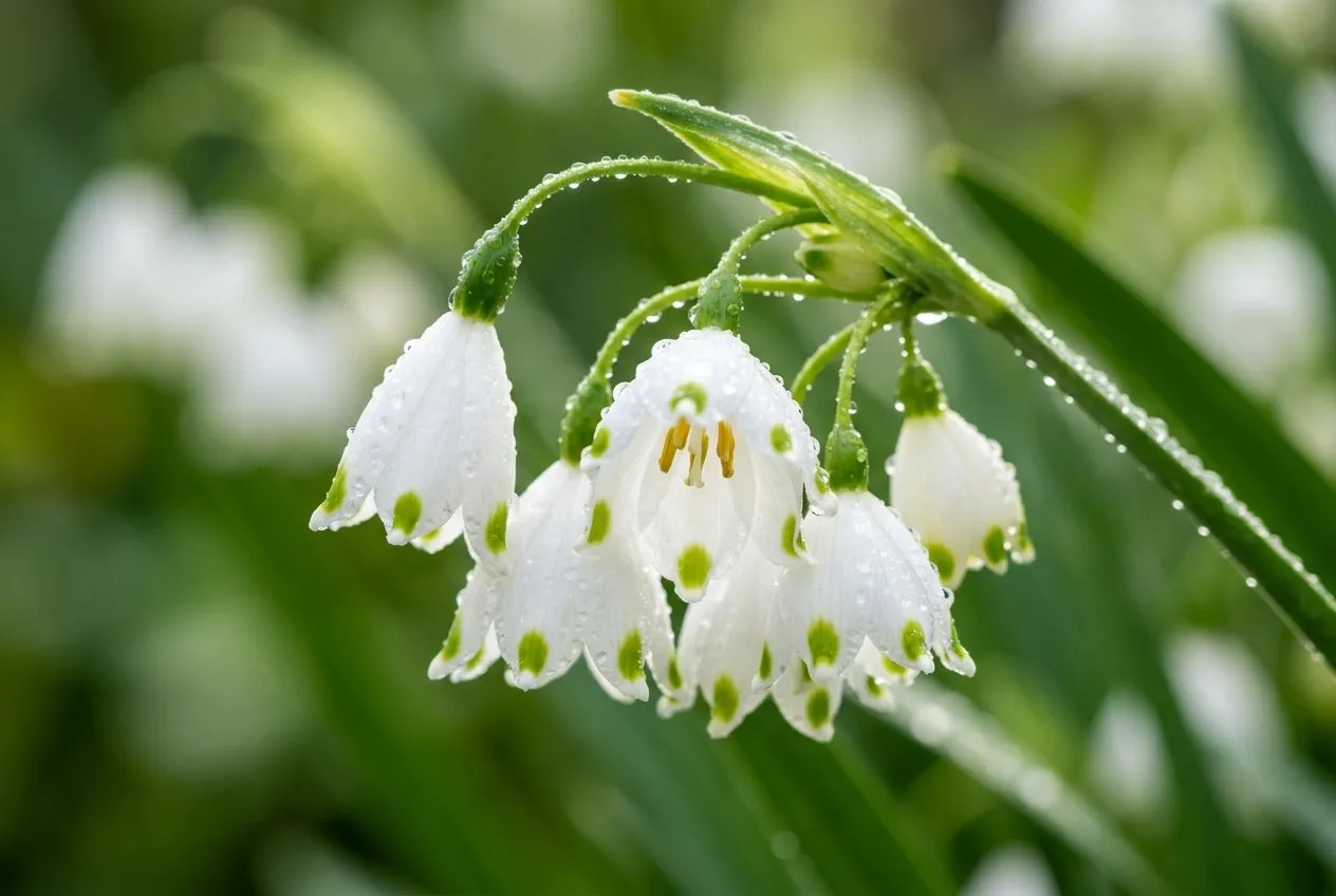 Macro close-up of a summer snowflake flower cluster, several nodding white bells each with six equal petals tipped with a green spot