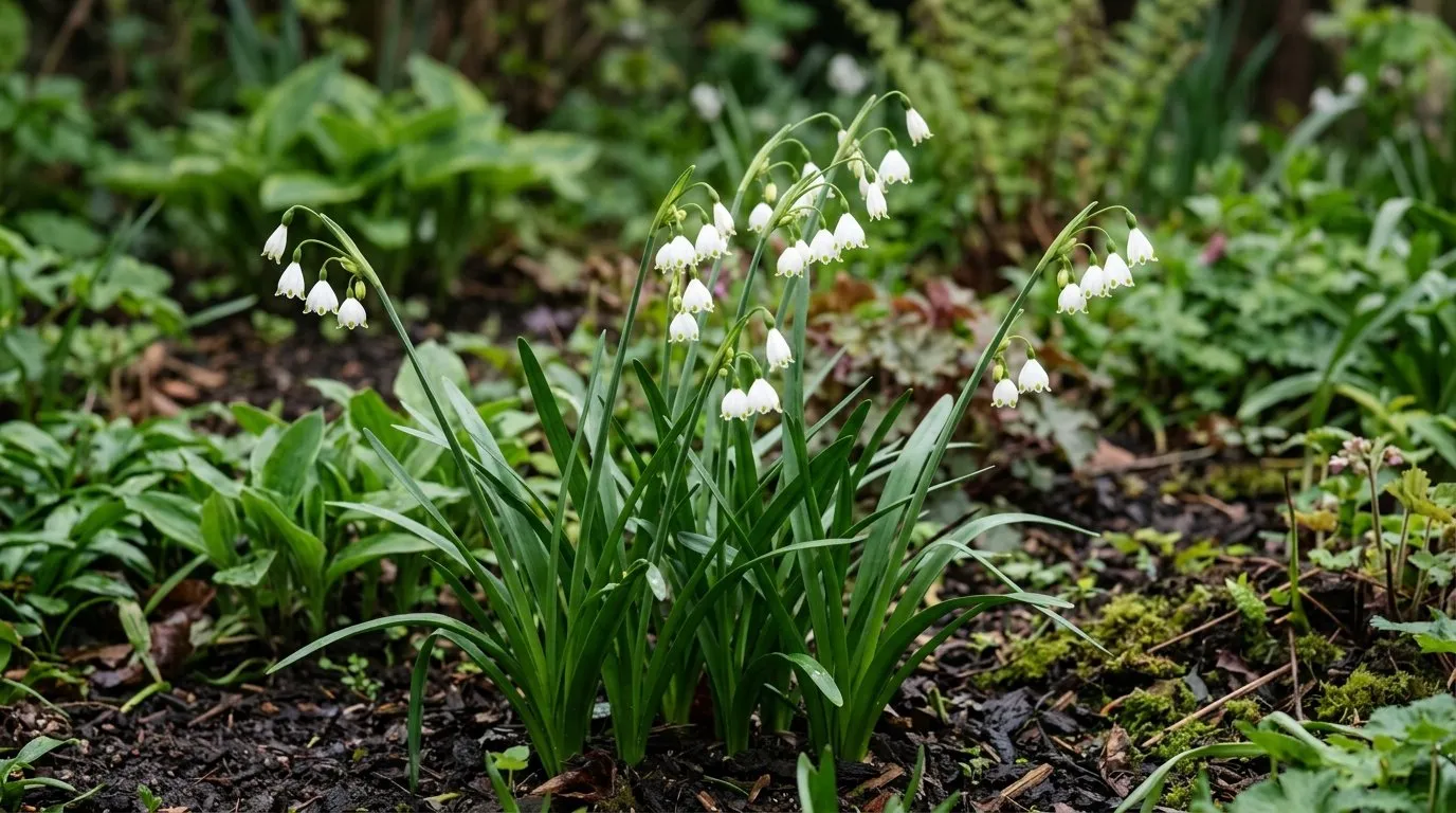 Summer snowflake Leucojum aestivum flowering with nodding white green-tipped bells in a damp UK garden border