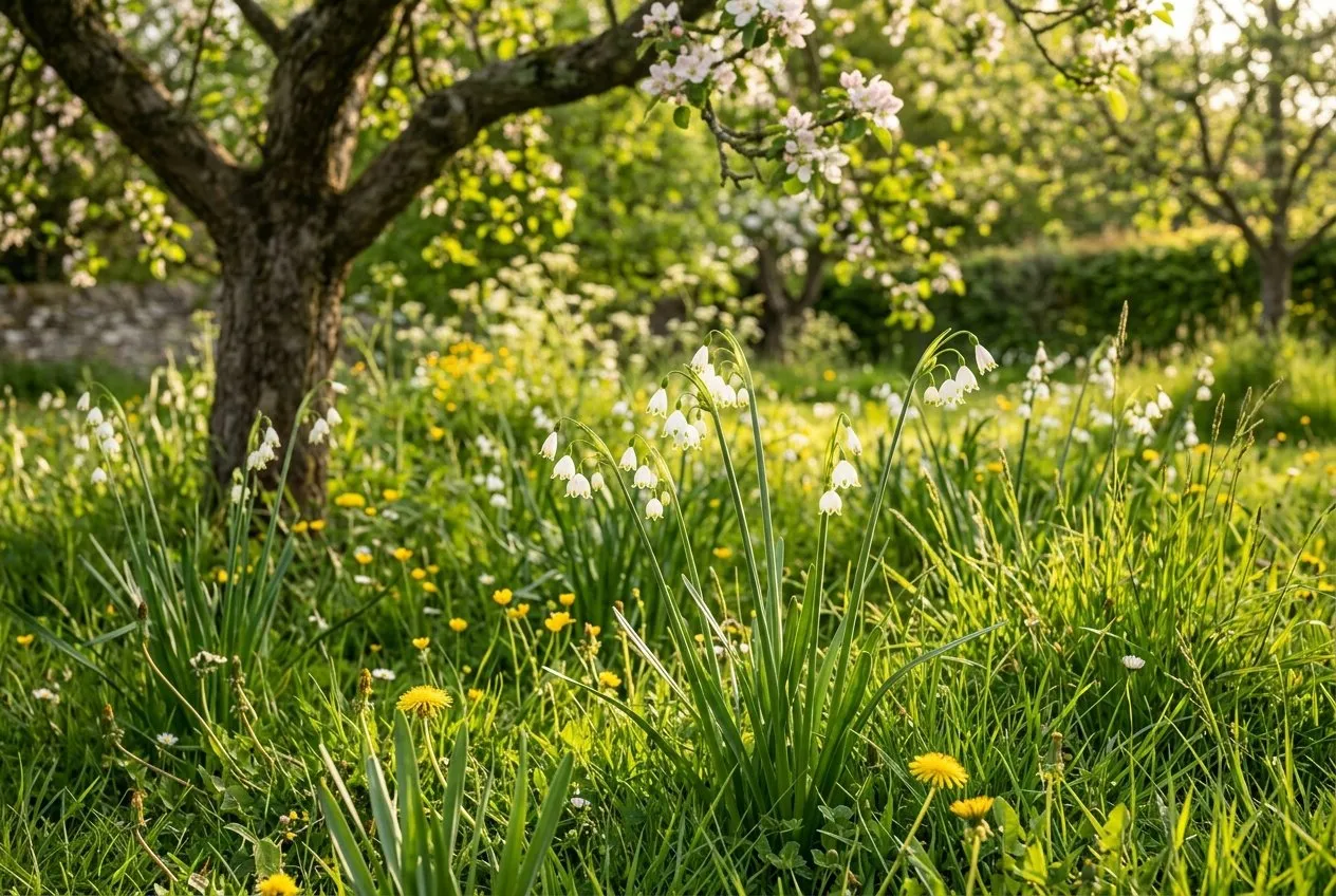 Summer snowflake naturalised in rough unmown grass under a deciduous tree, white bells rising through the green blades