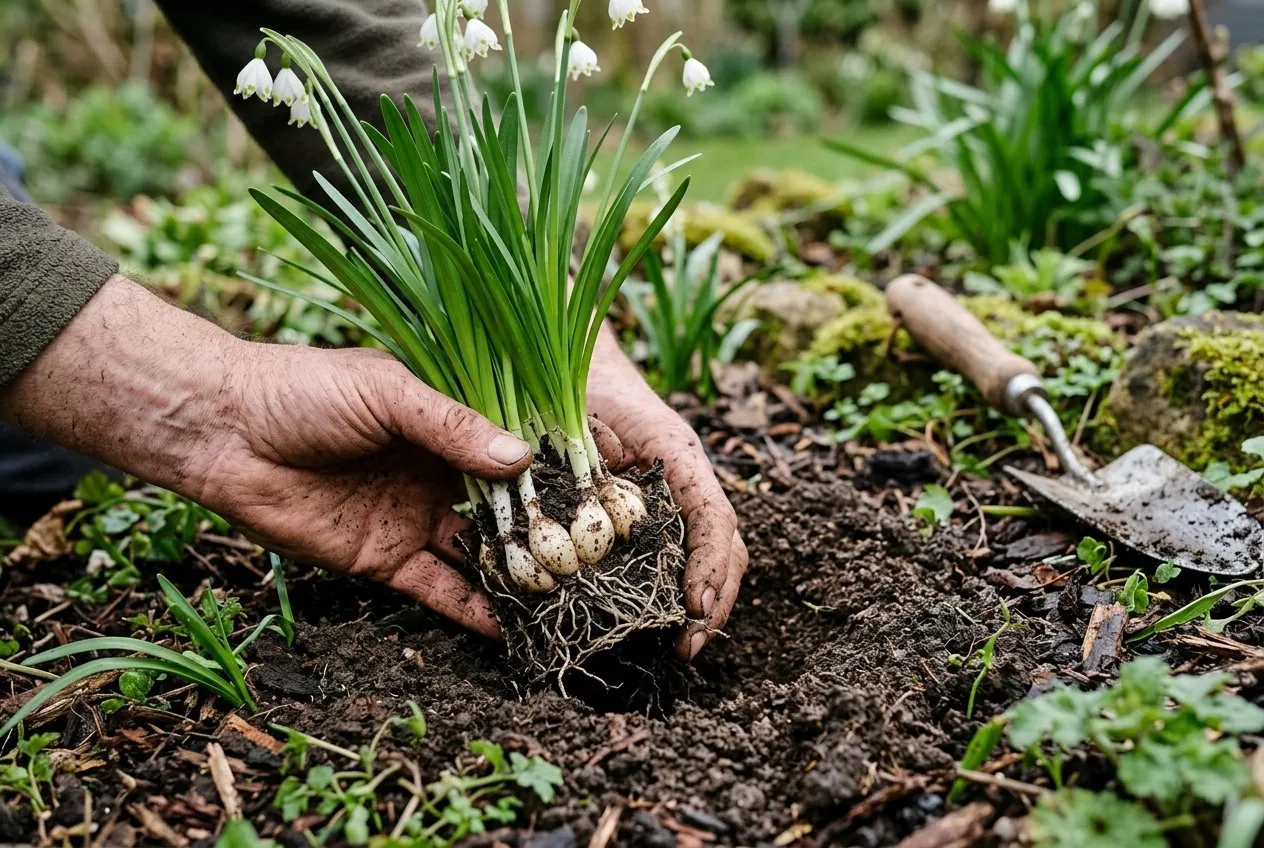 Close-up of a gardener's hands planting a clump of snowflake bulbs in the green, still in full leaf, into moist dark soil