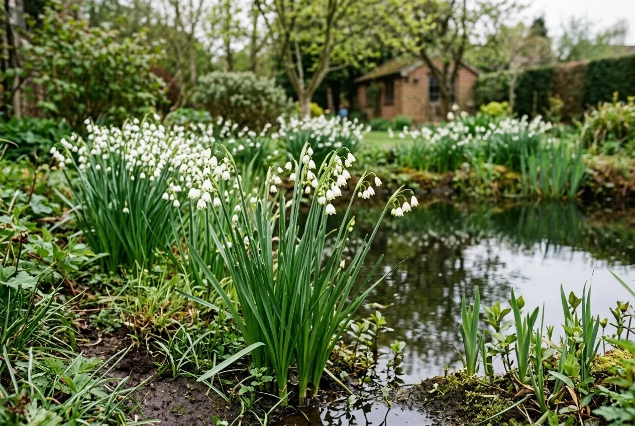 Summer snowflake naturalised at the margin of a small wildlife pond, nodding white bells growing in moist ground at the water's edge
