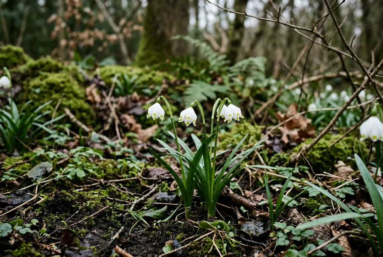 Spring snowflake Leucojum vernum flowering in damp dappled woodland shade with fresh green strap leaves