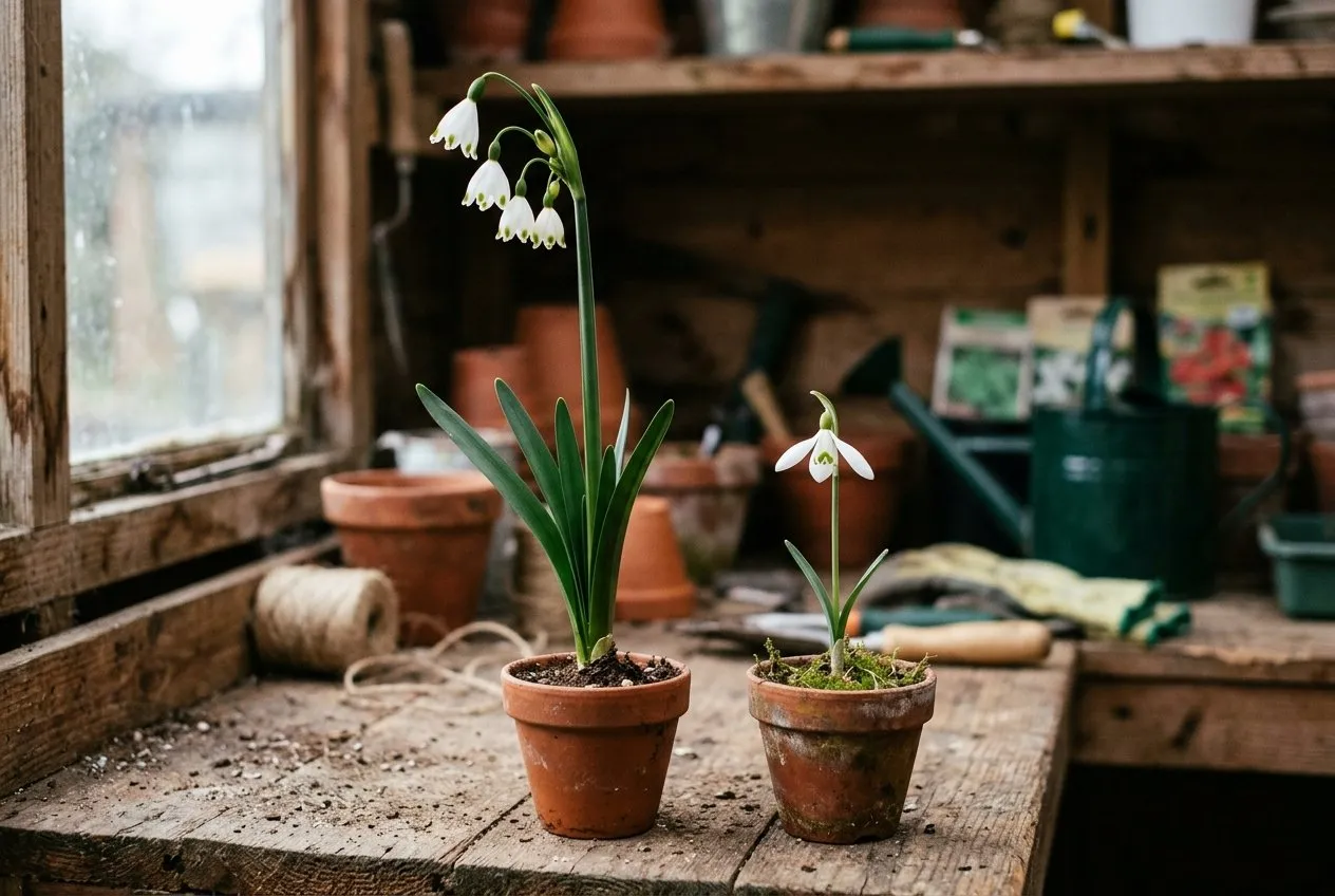 Two spring bulbs compared side by side on a potting bench, a tall multi-belled summer snowflake beside a short single-flowered snowdrop