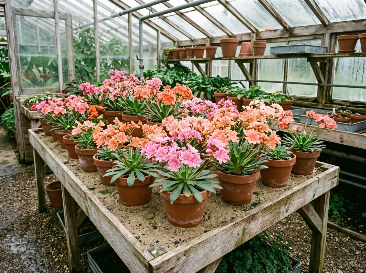 Healthy lewisia collection flowering in clay pans on the bench of an unheated alpine house