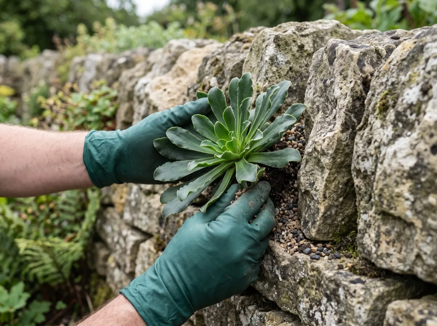 Close-up of a lewisia rosette planted at 45 degrees in a dry-stone wall joint so rain runs off the crown