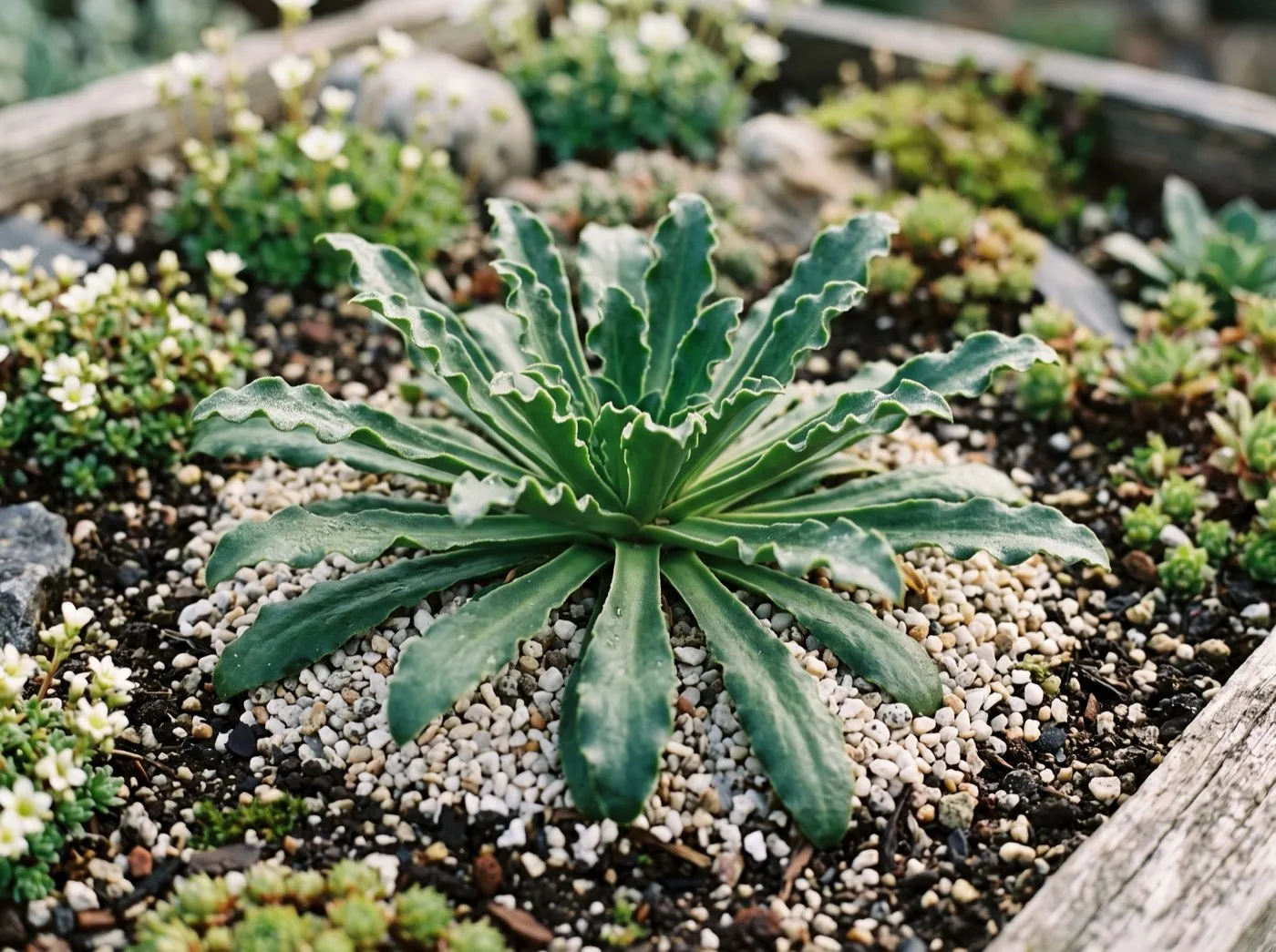 Hands tucking a collar of coarse grit chippings under the leaves of a lewisia rosette at planting time