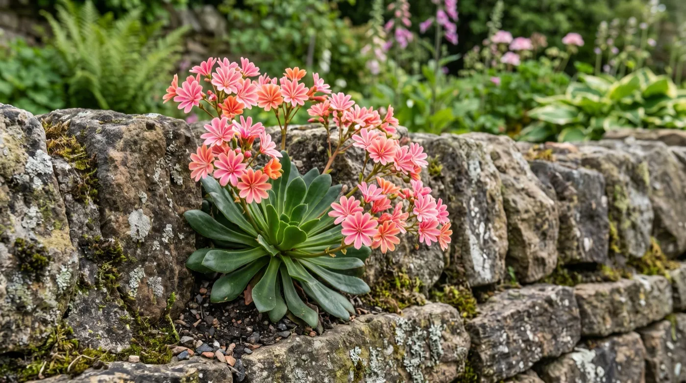 Pink and orange lewisia flowers above evergreen rosettes wedged in a UK stone wall crevice