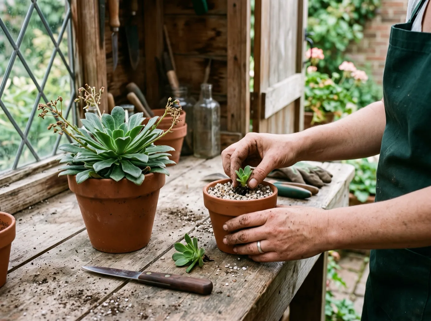 Small lewisia offsets detached from the parent rosette and potted into gritty compost to root