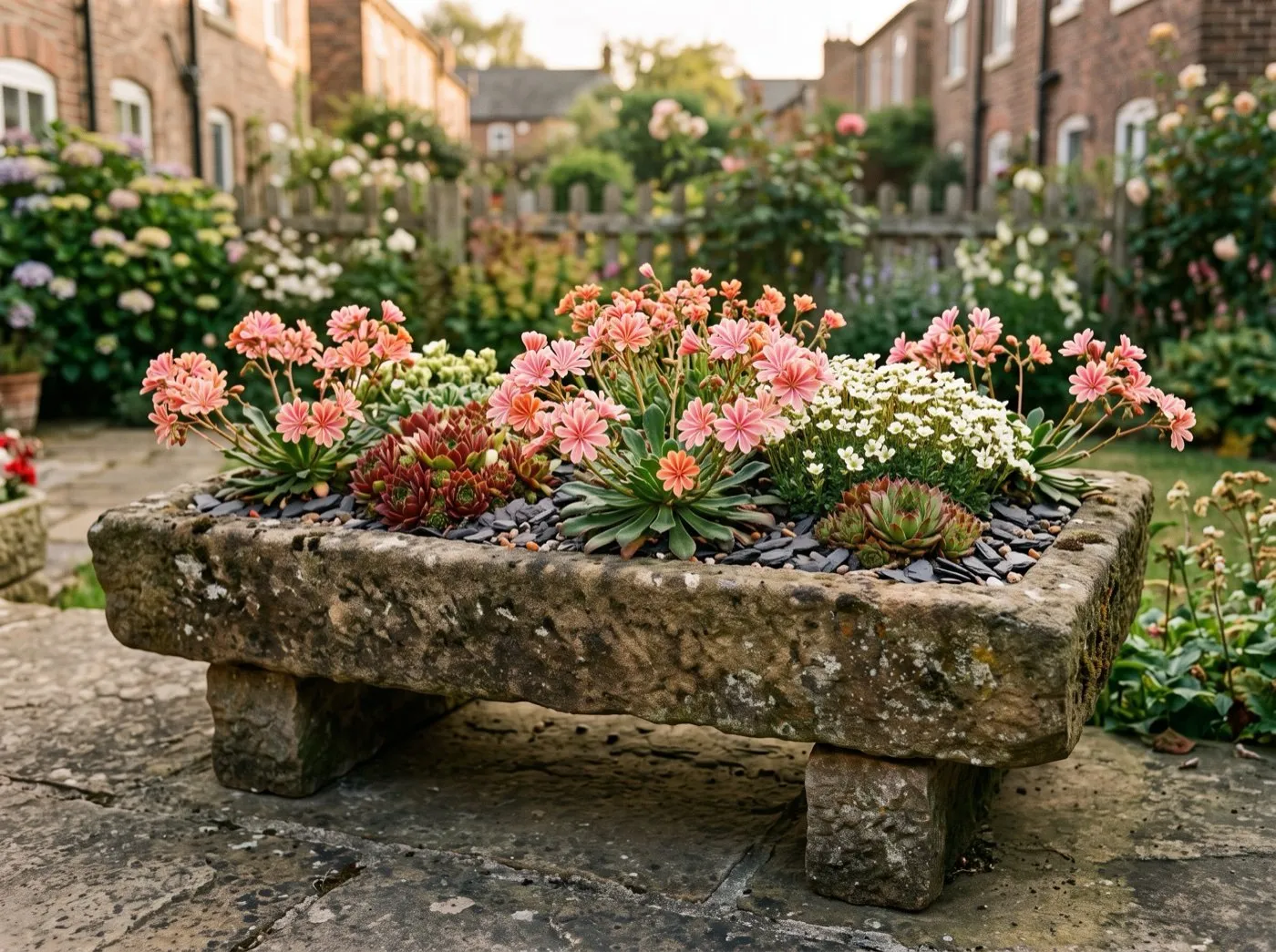 Weathered stone trough planted with lewisia, sempervivums and saxifrage under a grit mulch on a patio