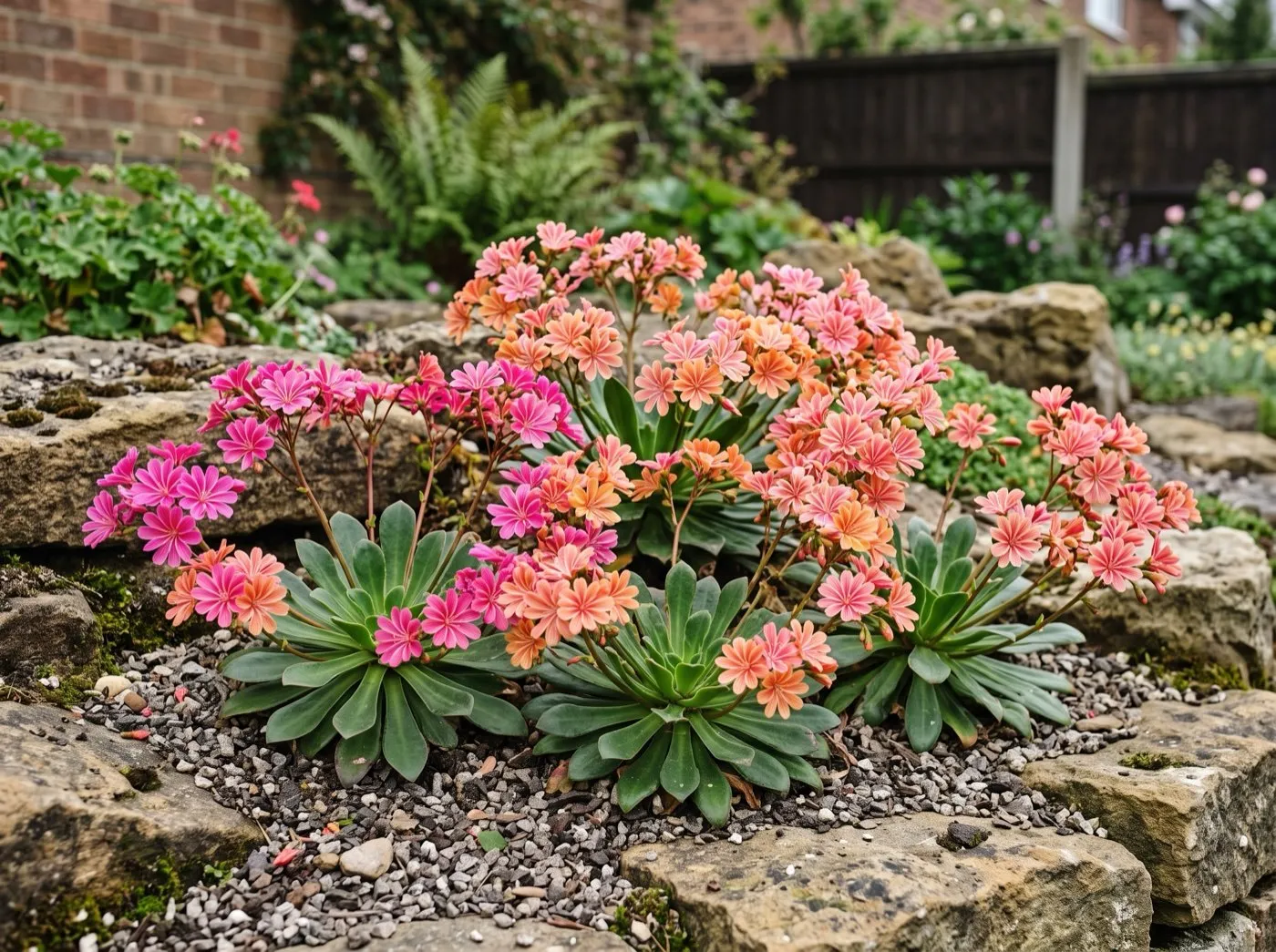 Mixed Sunset Group lewisia rosettes in full striped pink, orange and salmon flower on a rockery