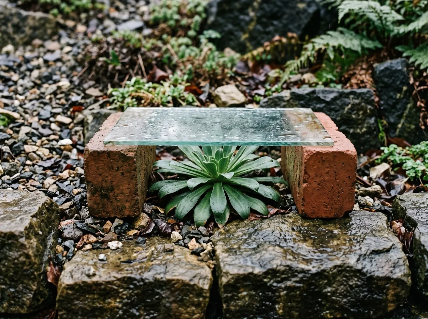 A propped pane of glass sheltering a lewisia rosette in a rockery from winter rain, sides open to the air
