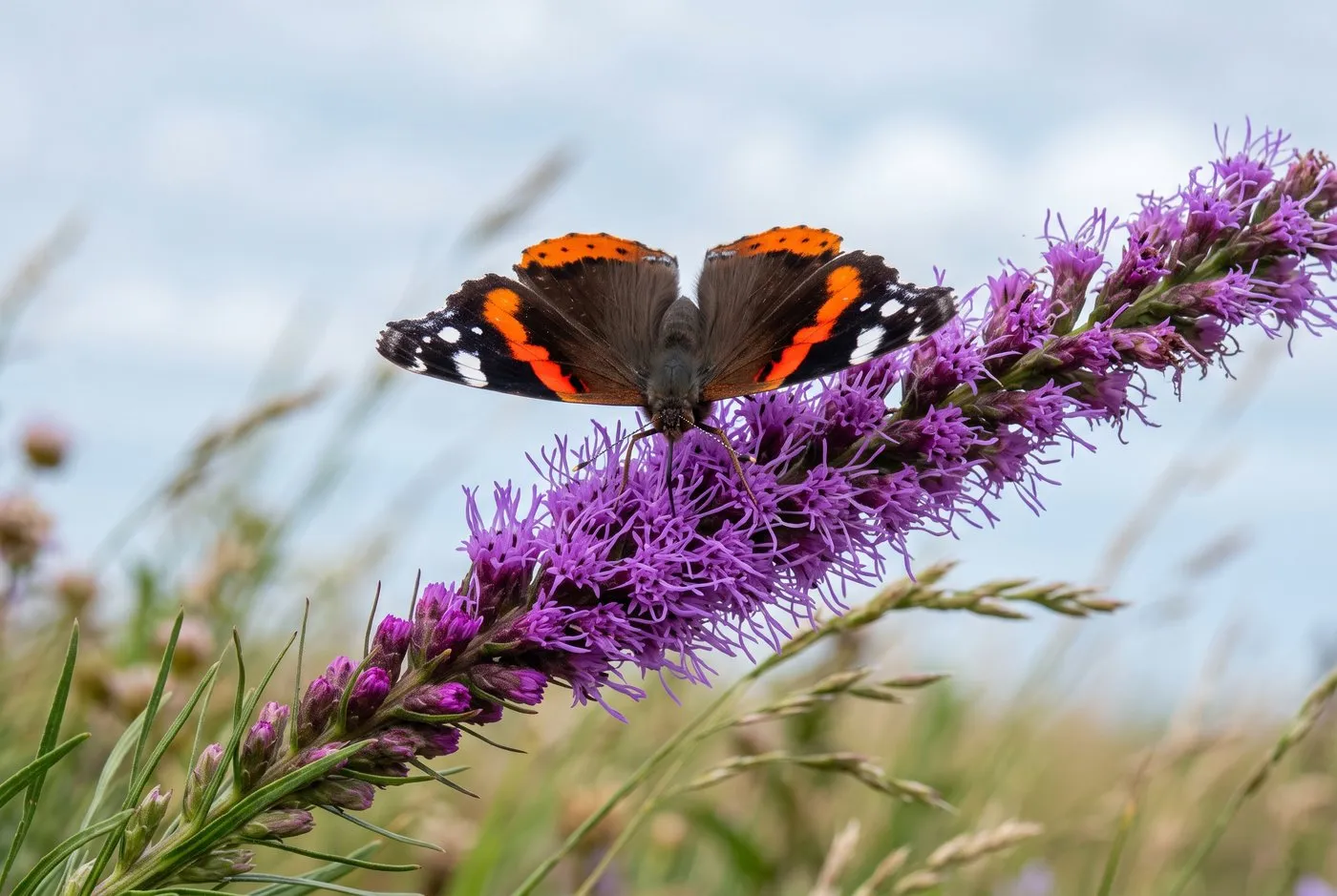 A red admiral butterfly with open wings feeding on a purple liatris spike in a seaside UK garden