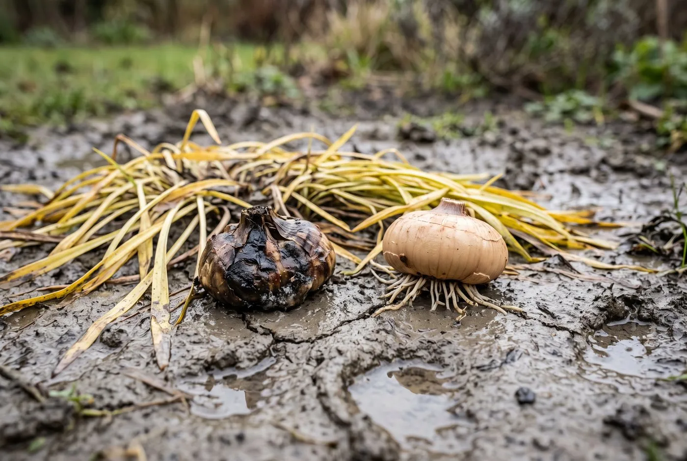 Collapsed yellowing liatris foliage in a waterlogged clay bed showing a rotted corm lifted onto the soil surface