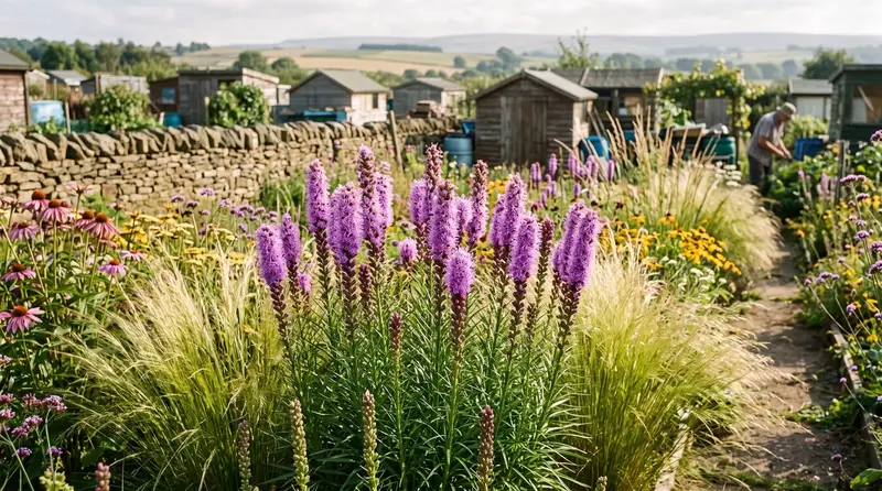 Tall purple liatris blazing star flower spikes in full bloom among grasses in a sunny UK prairie-style border