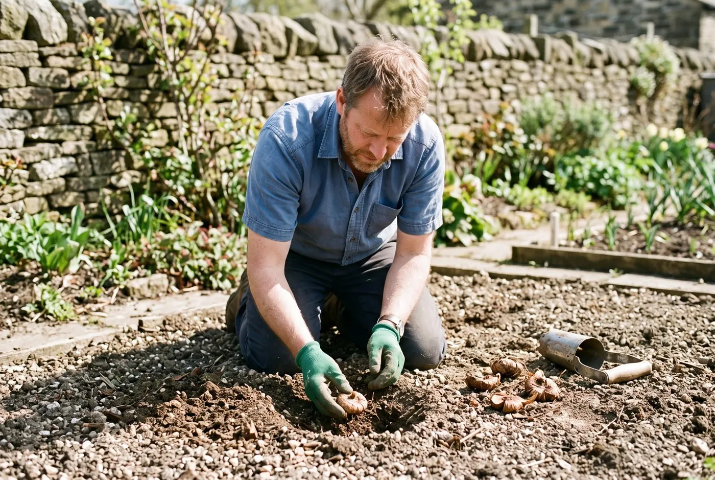 A gardener in gloves planting dry liatris corms into a sunny prepared border in a suburban garden