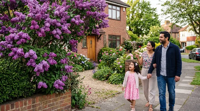 Lilac growing in full purple bloom in a UK suburban front garden with a family admiring the flowers