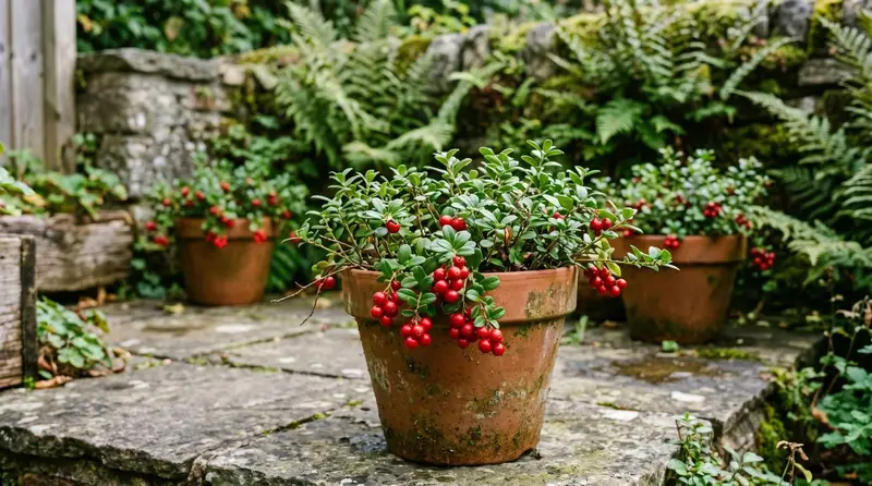 Established lingonberry plants in terracotta pots on a UK patio