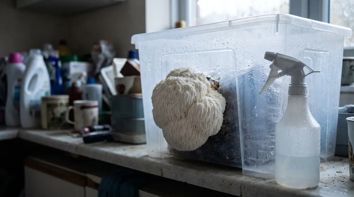 A white lion's mane mushroom with hanging spines growing from a grow bag in a misted clear box