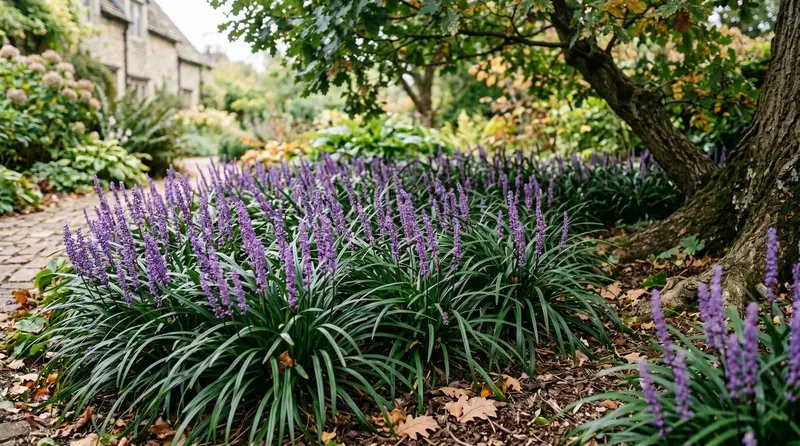 Liriope muscari lily turf with violet flower spikes and strappy evergreen leaves as ground cover under a tree in a UK garden