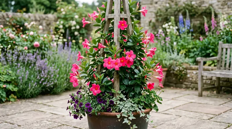 A UK patio container showing a Mandevilla climbing plant with bright pink trumpet flowers growing up a wooden obelisk in