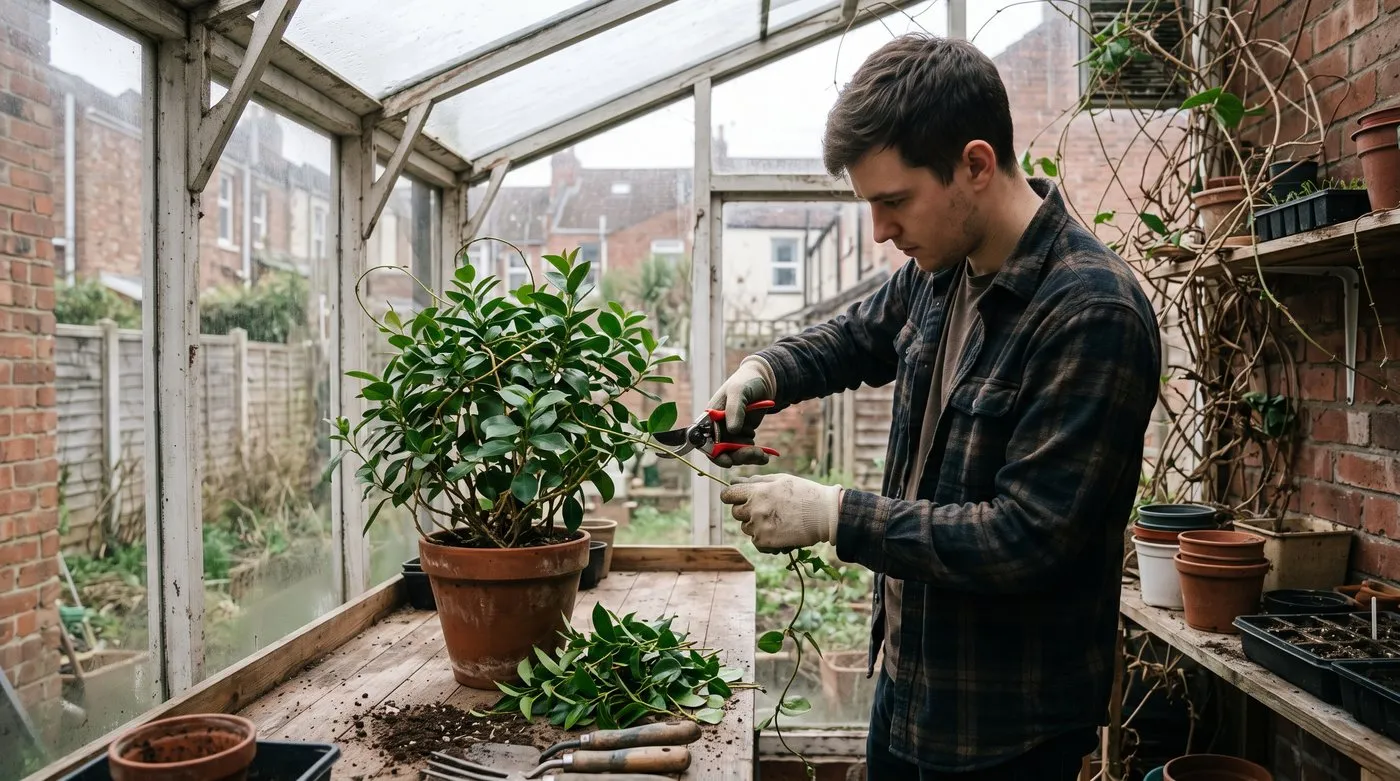 Gloved gardener trimming an overwintered mandevilla in a pot above a leaf joint in early spring