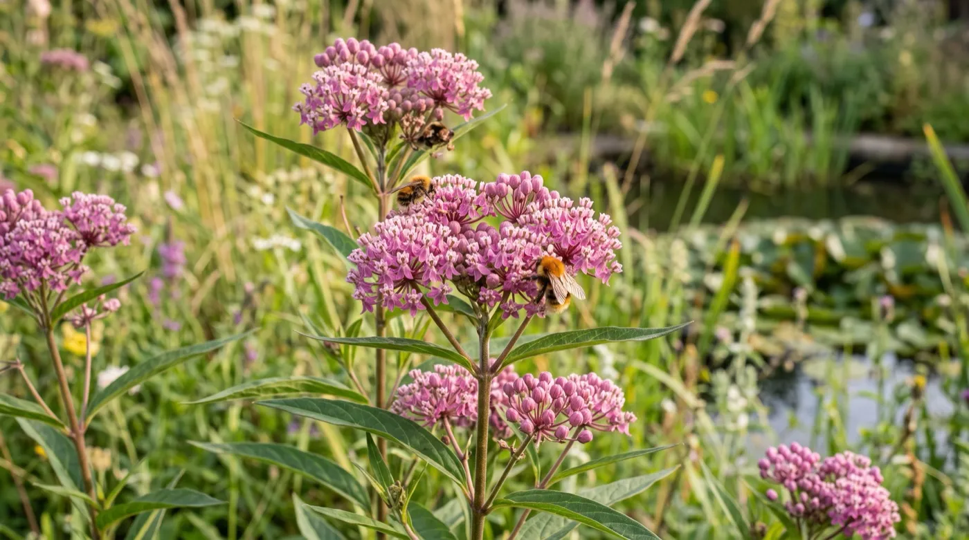 Pink umbels of swamp milkweed Asclepias incarnata with bumblebees feeding in a UK wildlife garden border