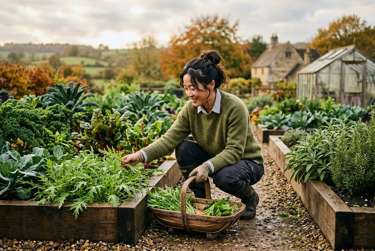 East Asian woman harvesting mizuna leaves into a wooden trug in a UK kitchen garden