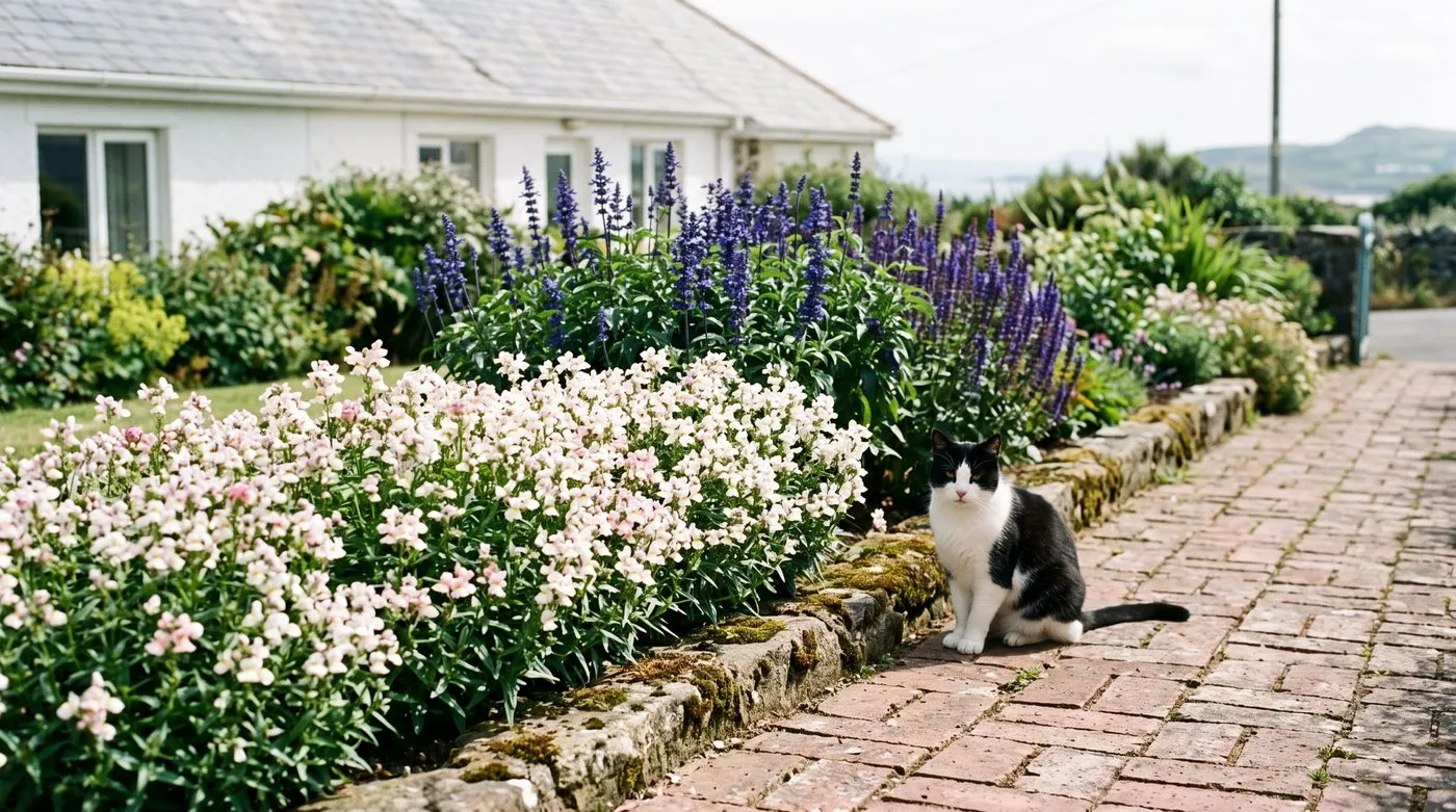 Low white and pink nemesias edging a sunny raised border beside a brick path, with a cat sitting nearby
