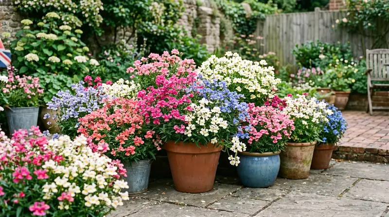 A UK back patio container display showing massed Nemesia plants in pink white and blue flowering profusely in mid-summer