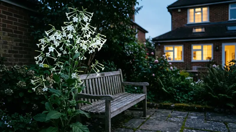 Tall white Nicotiana sylvestris flowering at dusk beside a bench on a UK patio, blooms glowing against twilight