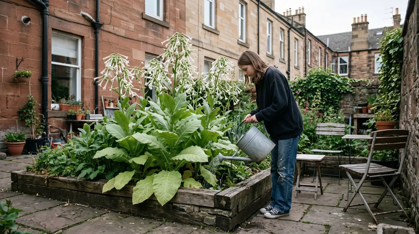 Girl watering tall Nicotiana sylvestris with drooping white trumpets beside a courtyard seating area