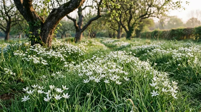 White star-shaped ornithogalum flowers naturalised through spring grass in a Kent orchard