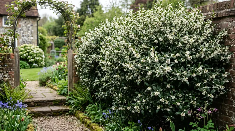 A UK garden showing a mature Osmanthus burkwoodii shrub in flower in late April with small white tubular flowers covering