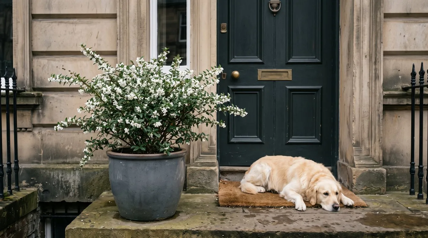 Osmanthus delavayi in white flower in a large pot by a front door, with a golden retriever on the step