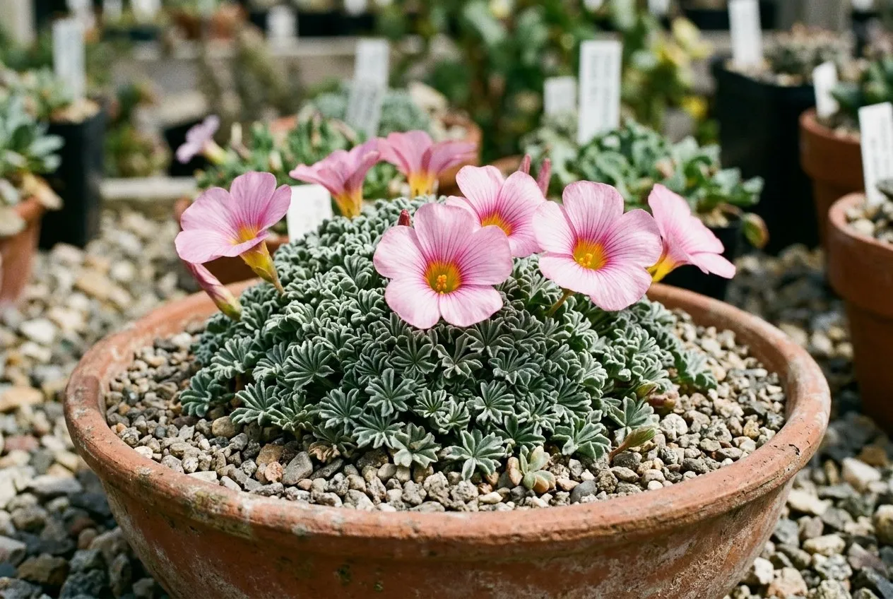 The silvery crinkled fan of Oxalis adenophylla with pink cup-shaped flowers in a gritty alpine pan topped with grit