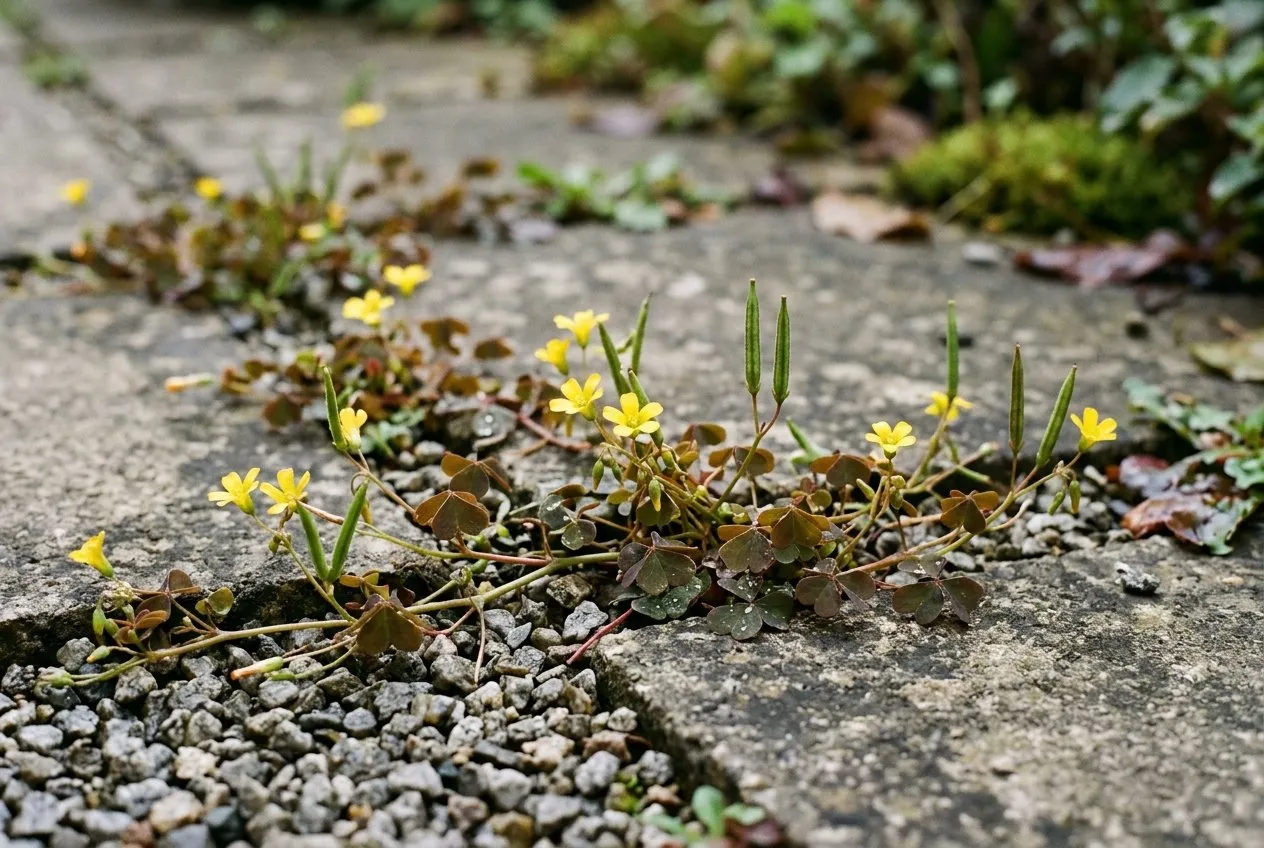 Creeping yellow wood sorrel Oxalis corniculata growing through gravel and paving cracks with tiny yellow flowers and bronze leaves