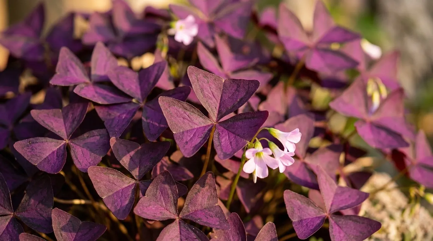 Deep purple triangular leaves of Oxalis triangularis purple shamrock lit by low afternoon light on a patio
