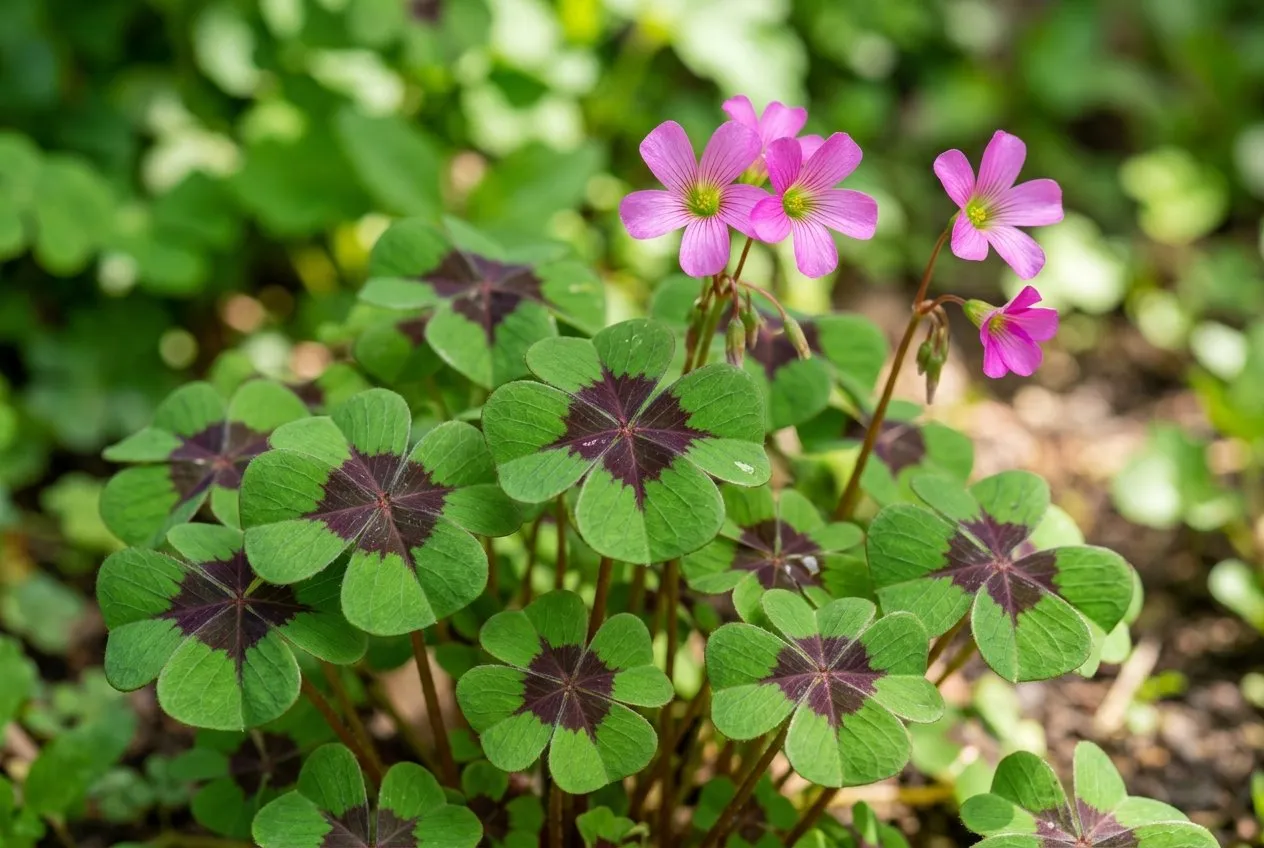 Iron Cross oxalis, Oxalis tetraphylla, showing four green leaflets each with a dark maroon central blotch forming a cross