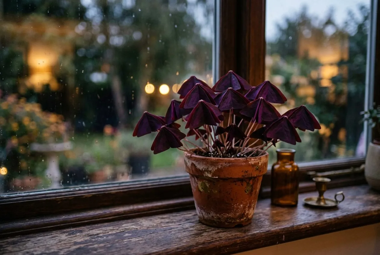 Purple shamrock leaves folded shut into closed umbrellas at dusk on a windowsill, showing the nightly nyctinasty movement