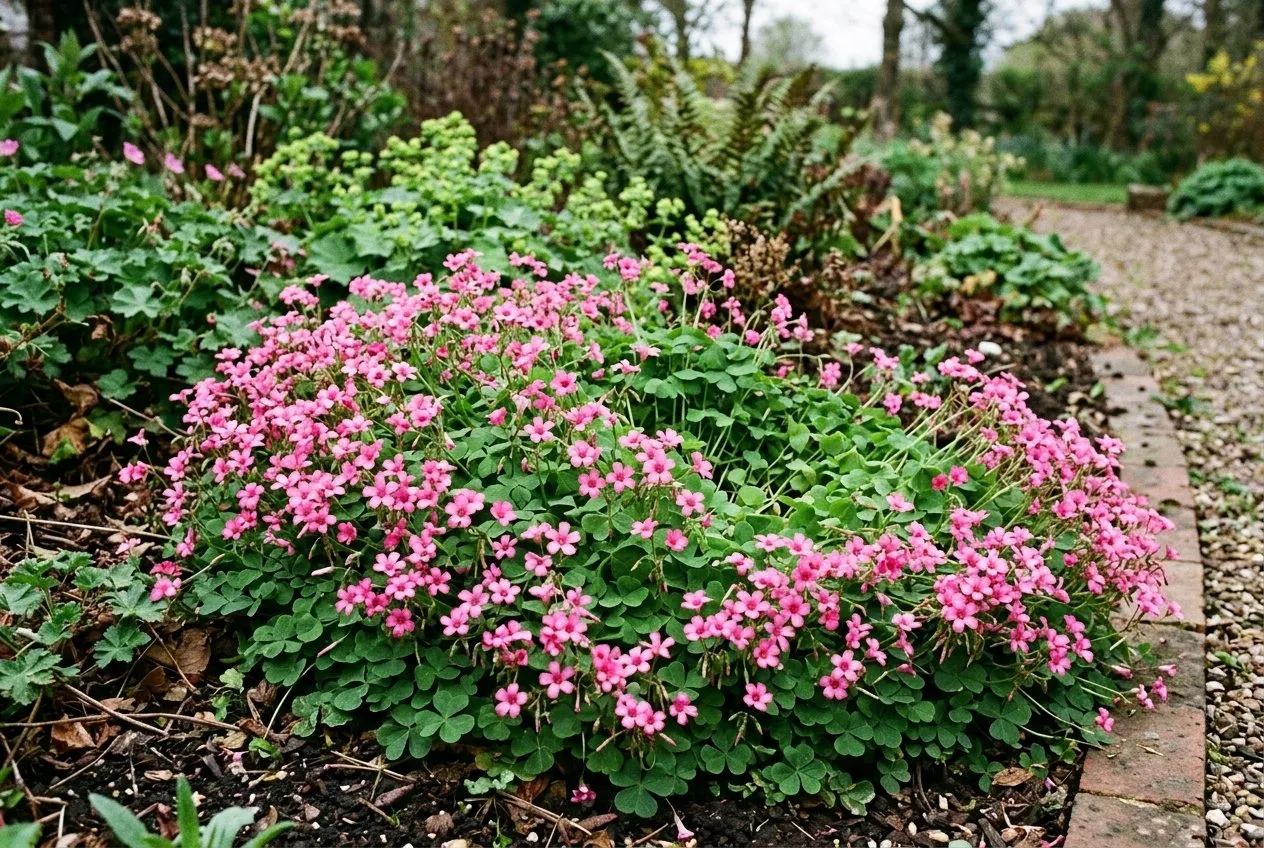 A spreading clump of pink sorrel Oxalis articulata weed with bright pink flowers over clover-shaped leaves in a UK border