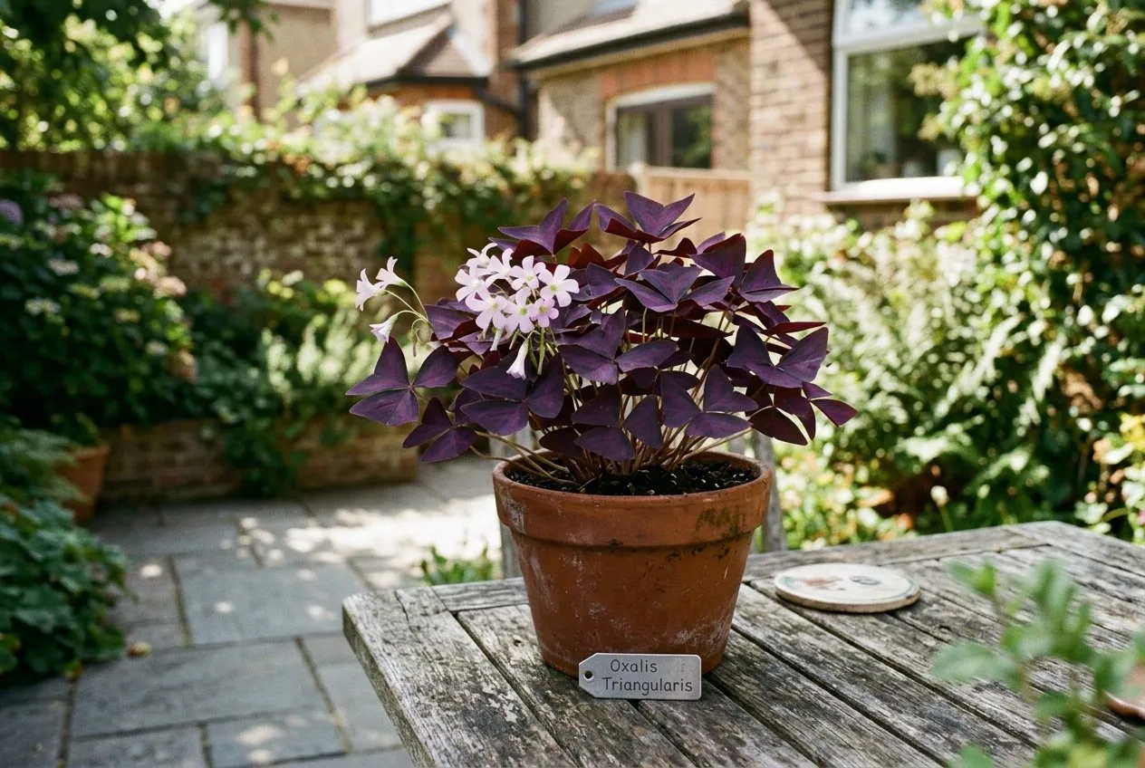 A pot of purple shamrock Oxalis triangularis on a suburban patio table with pale pink flowers open in dappled sun