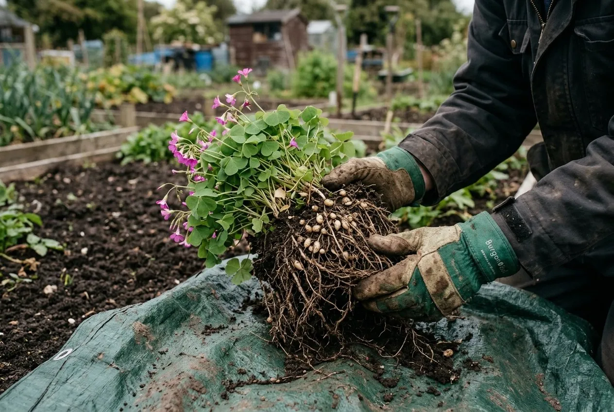 Gardener's gloved hands lifting an intact clump of pink sorrel oxalis onto a sheet, showing pale bulbils clinging to the roots