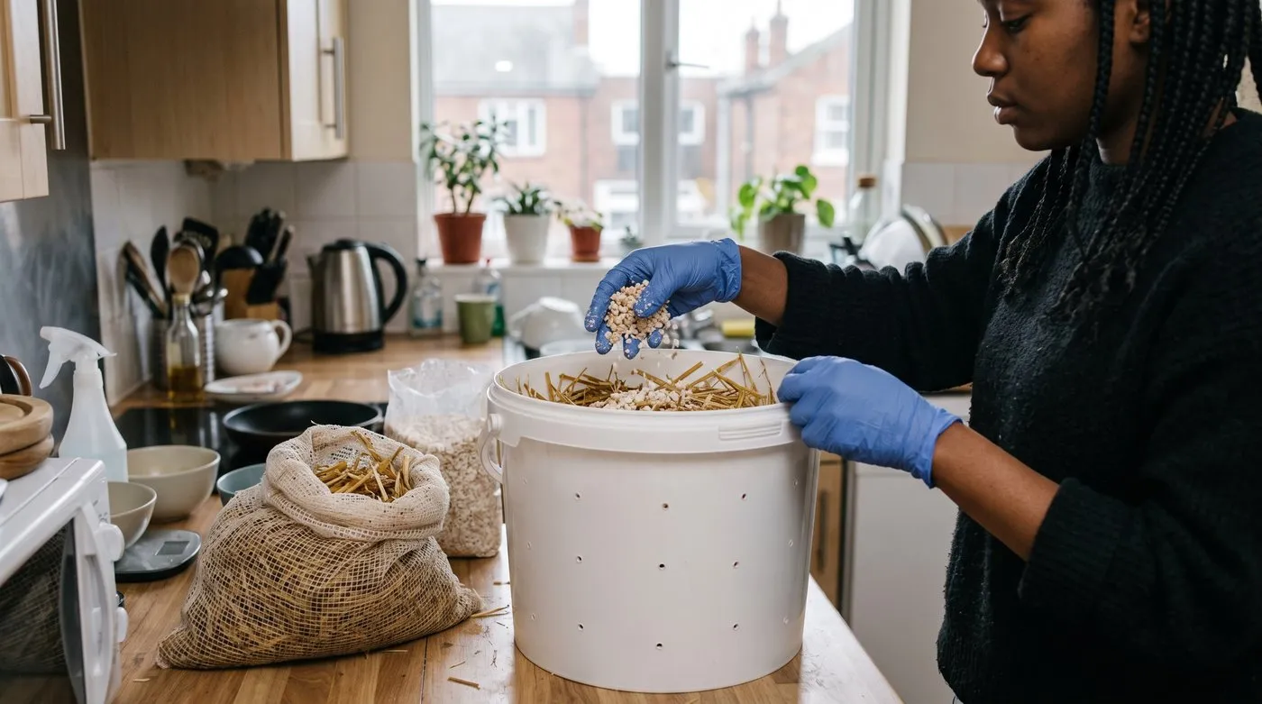 Gloved hands scattering grain spawn over chopped straw inside a drilled white bucket
