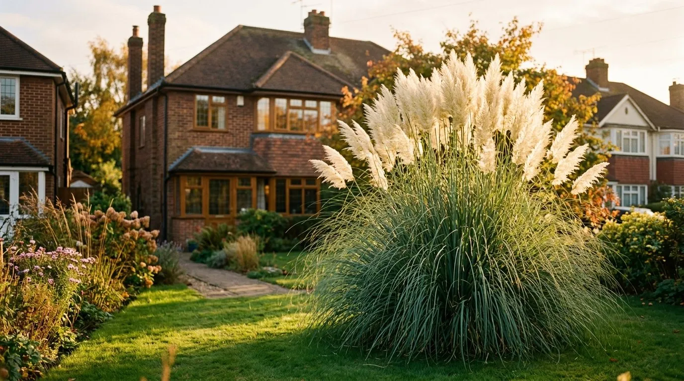 Pampas grass clump with cream-white plumes catching low autumn sun in a suburban UK front garden