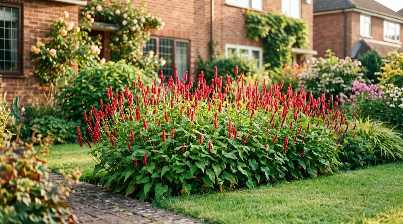 Crimson persicaria Firetail flower spikes above lush green foliage in a late-summer UK border