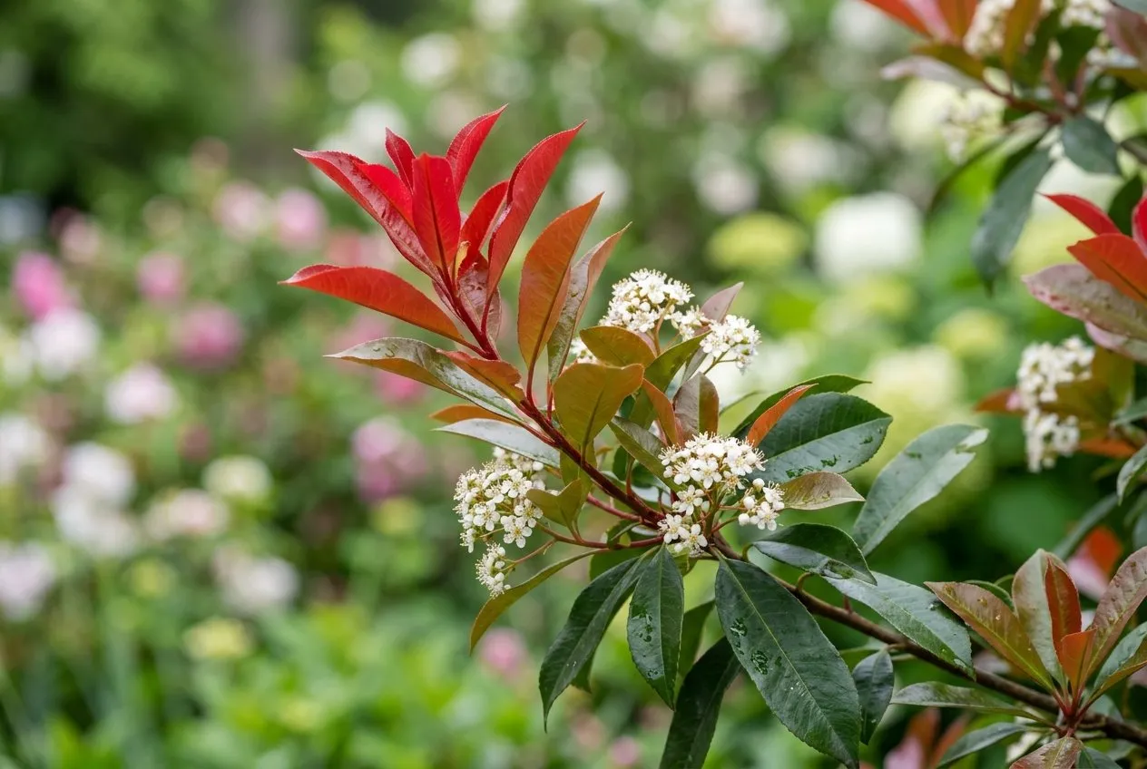 Close-up of Photinia Red Robin foliage showing red new leaves transitioning to dark green mature leaves