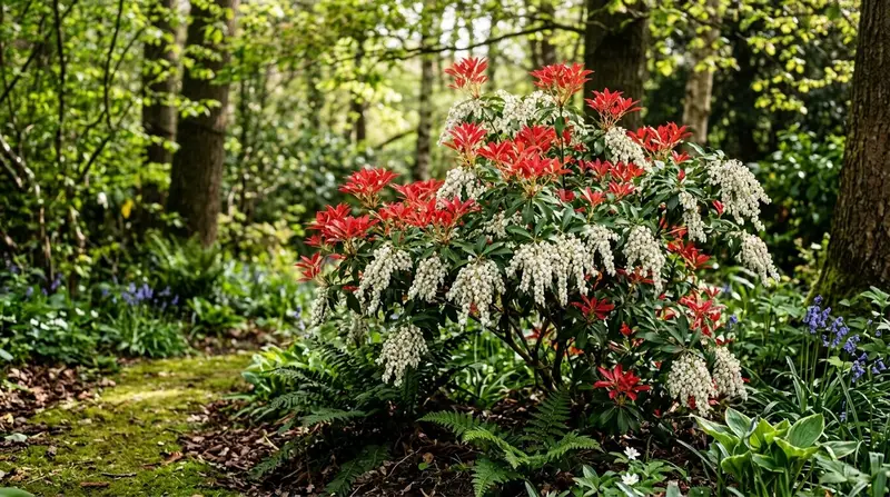 Pieris japonica Forest Flame with bright red new growth and white bell flowers in a UK garden