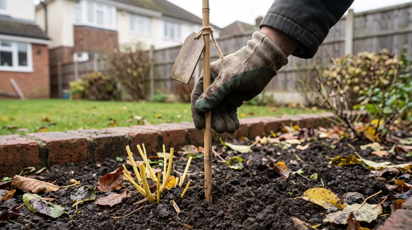 Gloved hand pushing a cane into bare autumn soil to mark a dormant balloon flower