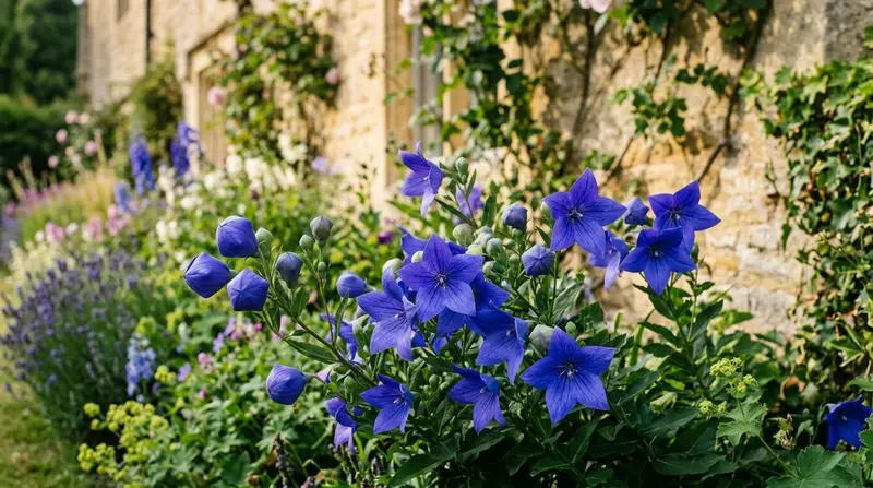 Platycodon balloon flower buds and open blue star bells in a UK perennial border in summer